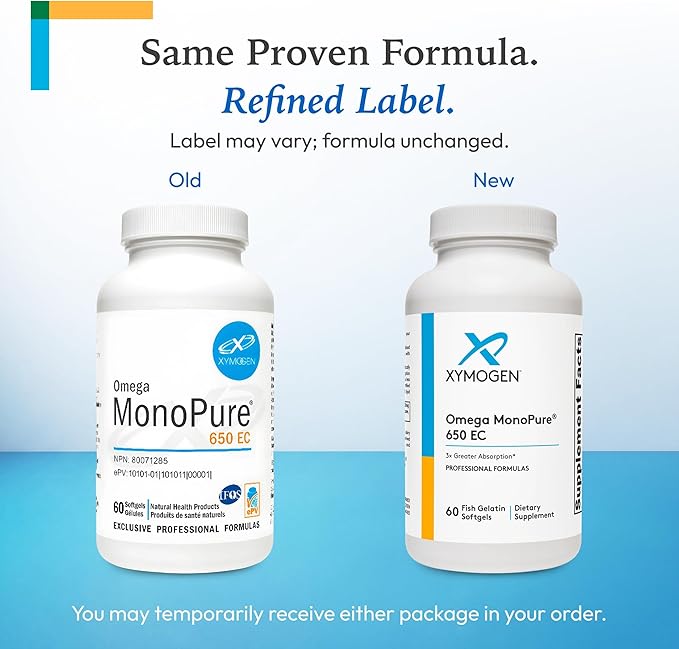 XYMOGEN Omega MonoPure 650 EC - Heart & Brain Support - DHA & EPA Omega-3 Fish Oil - Monoglyceride High Absorption Softgels - Enteric Coated - 60 Softgels