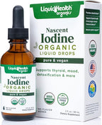 LIQUIDHEALTH USDA Organic Nascent Iodine Liquid Drops, Pure Iodine Supplement for Thyroid & Immune Support, Energy Supplement - Made in USA, Vegan, Colorless, Tasteless Tincture (2 oz)