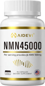 NMN 45000 (90 Caps) - 100% Pure β-Nicotinamide Mononucleotide | Single-Ingredient Formula (No Additives) | Made in USA NAD Plus Booster | 500mg Per Capsule for DNA Repair & Cognitive Support