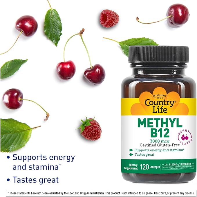 Country Life Methyl B12, 3000 mcg Lozenges, Supports Energy & Stamina, Metabolism & Red Blood Cell Production, Berry Flavor, 120 Vegan Lozenges, Certified Gluten Free & Halal