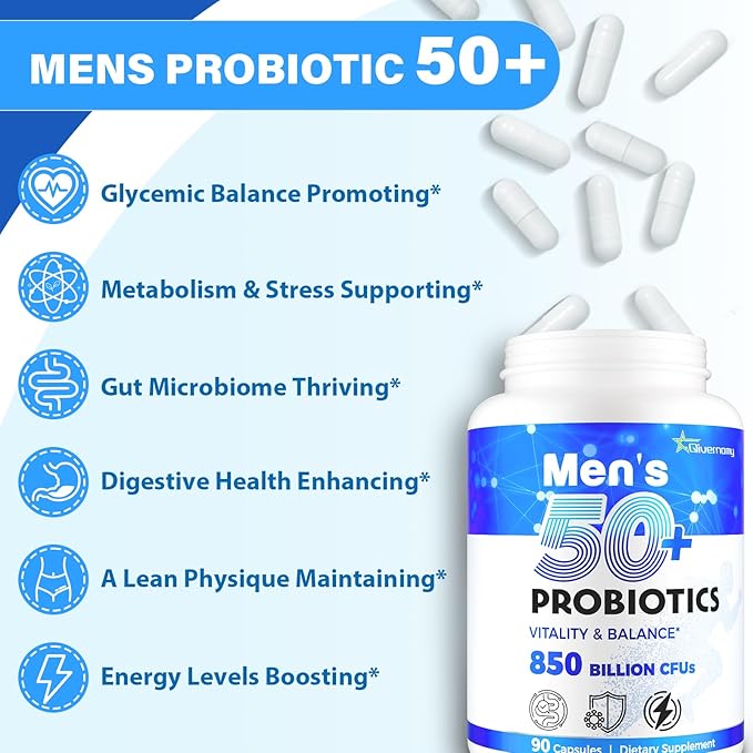 Probiotics for Men, Advanced 50+ Mens Probiotic, Comprehensive Gut & Energy Support with 850 Billion CFU, 1800mg Prebiotics Fiber – Tailored Wellness Mens probiotics for Gut Health Over 50, 360 Caps