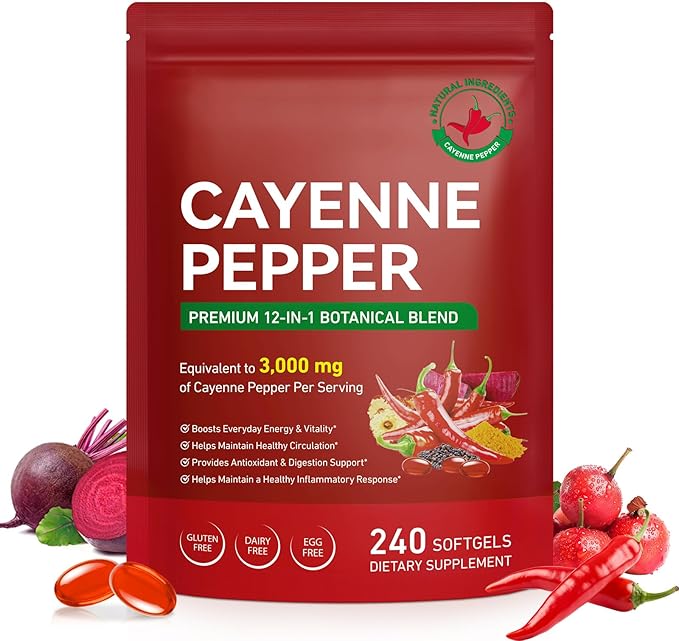Cayenne Pepper Capsules, Cayenne Pepper Capsaicin Supplements Support Leg Vein, Heart Health and Blood Circulation, with Vitamin E D3 K2 and Extracts of Grape Seed, Beetroot and Turmeric, 240 Softgels