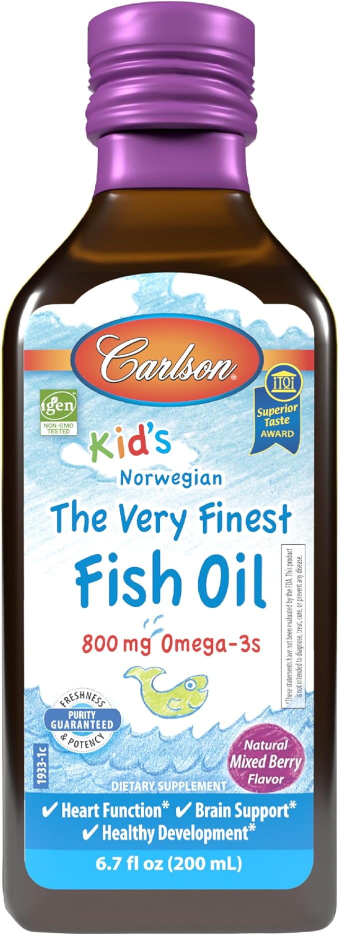 Carlson - Kid's The Very Finest Fish Oil, 800 mg Omega-3s, Liquid Fish Oil Supplement, Norwegian Fish Oil, Wild-Caught, Sustainably Sourced , Mixed Berry, 200 mL (6.7 Fl Oz)