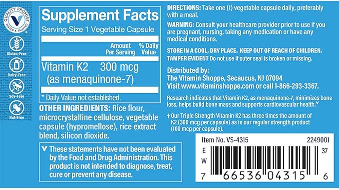 The Vitamin Shoppe Vitamin K2 MK-7 300mcg Triple Strength - Bone & Heart Health | Menaquinone-7 | 120 Vegetable Capsules | High Potency