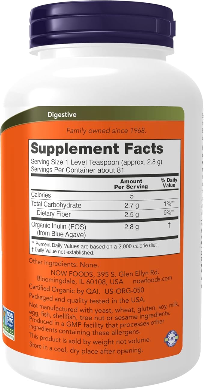 NOW Foods Supplements, Inulin Prebiotic Pure Powder, Certified Organic, Non-GMO Project Verified, Intestinal Support*, 8-Ounce (Pack of 2)