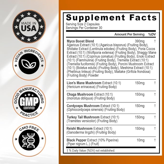 Vitamax Lions Mane Mushroom, Turkey Tail, Chaga & Reishi, Cordyceps Shiitake White Elm King Trumpet Nameko Oyster Porcini Focus & Energy - Made in USA (60 Capsules (Pack of 1))