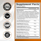 Vitamax Lions Mane Mushroom, Turkey Tail, Chaga & Reishi, Cordyceps Shiitake White Elm King Trumpet Nameko Oyster Porcini Focus & Energy - Made in USA (60 Capsules (Pack of 1))
