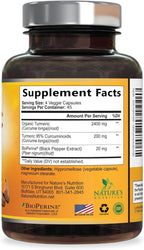 Turmeric Curcumin Supplement - 2400mg Organic Turmeric Per Serving - 95% Curcuminoids & BioPerine Black Pepper Extract for Best Absorption - Natural Vegan Joint Support, Bottled in USA - 180 Capsules