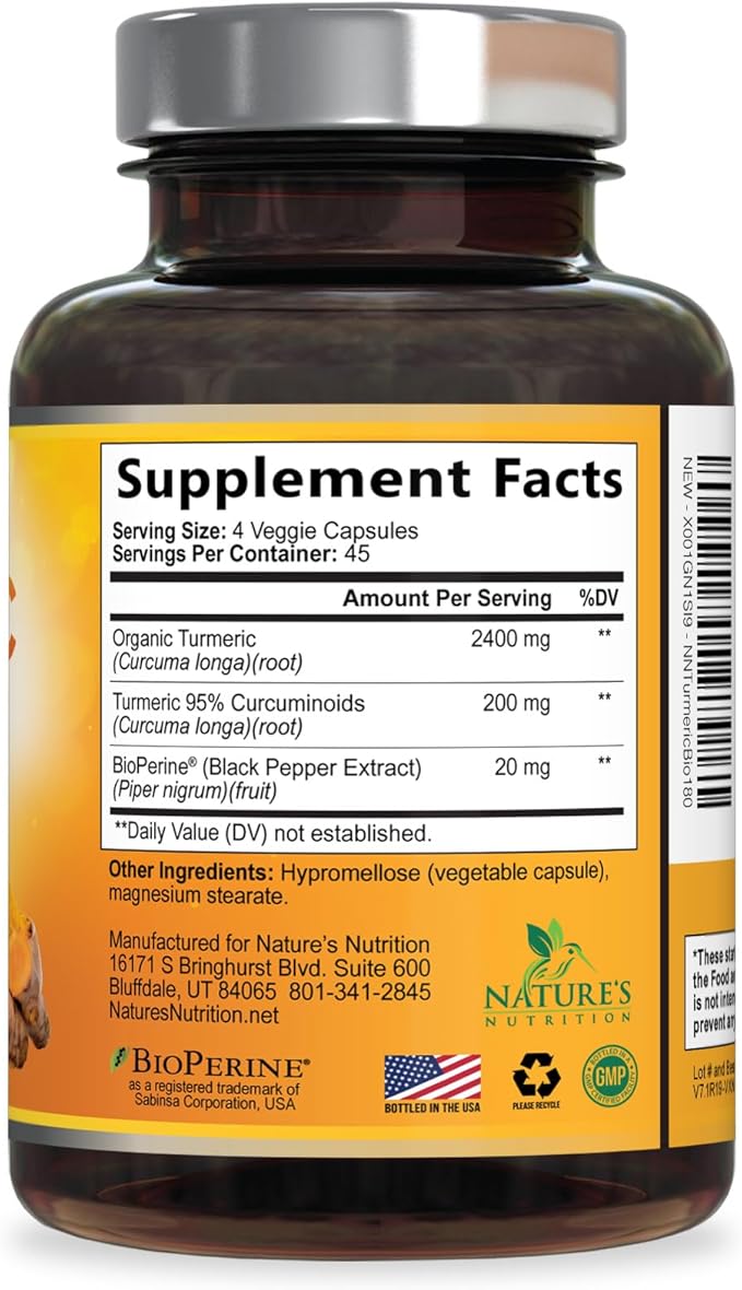 Turmeric Curcumin Supplement - 2400mg Organic Turmeric Per Serving - 95% Curcuminoids & BioPerine Black Pepper Extract for Best Absorption - Natural Vegan Joint Support, Bottled in USA - 180 Capsules