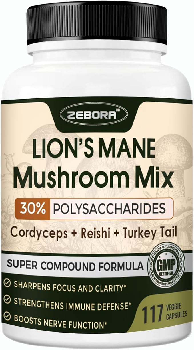 Lions Mane Supplement Capsules - Mushroom Supplement With Lions Mane, Cordyceps, Reishi, Turkey Tail, Shiitake - Lion's Mane Mushroom For Memory, Focus & Immune Support - 117 Vegan Mushrooms Capsules