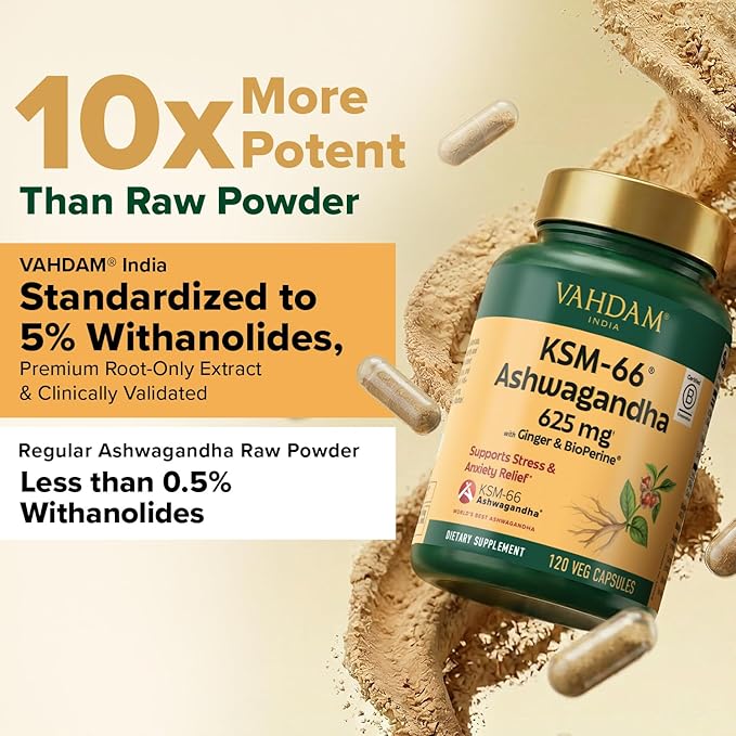 VAHDAM KSM -66 Ashwagandha 625 mg with Ginger & Piperine, Support Stress Relief (120 Capsules)