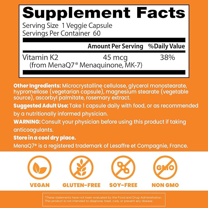 Doctor's Best Natural Vitamin K2 MK7 Supplement for Men & Women - Bone Health Support, 45 mcg Vitamin K-2 MK-7 Capsules with MenaQ7, Calcium Support, Non GMO, Vegan - 60 Veg Caps