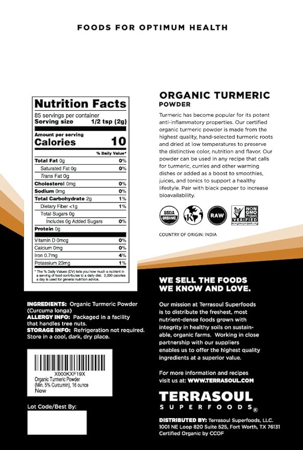 Terrasoul Superfoods Organic Turmeric Powder, 16 Oz : Curcumin - Lab Tested for Purity - Premium Quality - Great for Inflammation