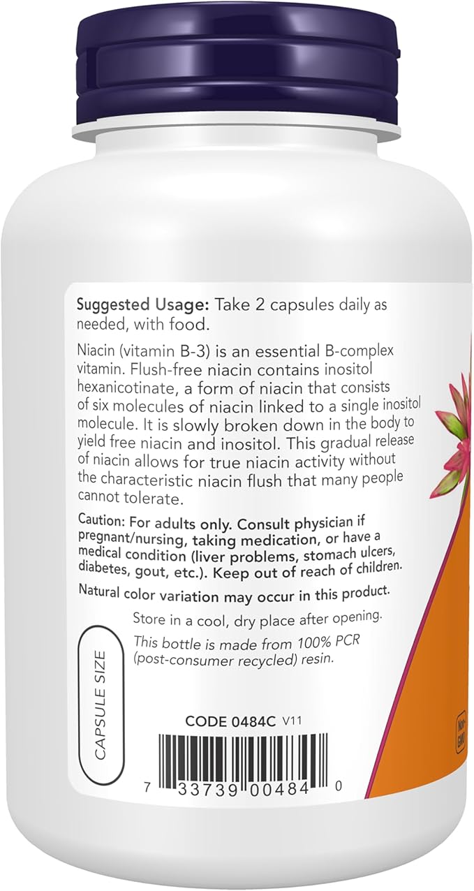 NOW Foods Supplements, Niacin (Vitamin B-3) 250 mg, Flush-Free, Nutritional Health, 180 Veg Capsules