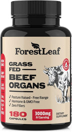 ForestLeaf Beef Organ Supplement - Grass Fed & Pasture Raised - Total Body Wellness & Performance, Organ Complex with 3000mg of Desiccated Beef Liver, Heart, Kidney, Pancreas, Spleen (180 Capsules)
