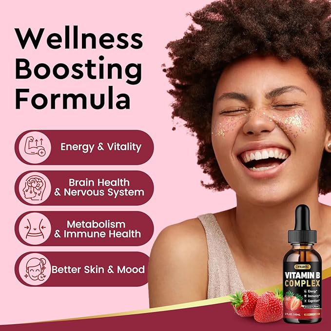 CFILIHTC Vitamin B Complex Liquid Drops, B Vitamins Complex Supplement with B1, B2, B3, B5 B6, B7, B9 & Methyl B12 Drops for Adults & Kids, Vegan, Strawberry Flavor