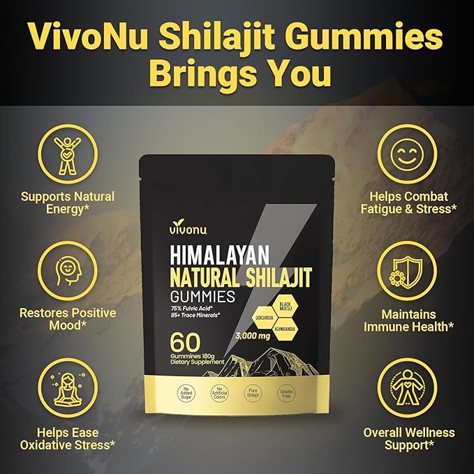 Shilajit Gummies with Ashwagandha & Gokshura | 85+ Trace Minerals & Fulvic Acid | Organic, Non-GMO Micronutrient Supplement for Men & Women | 100% Pure & Natural(3000mg / 3 Bag)