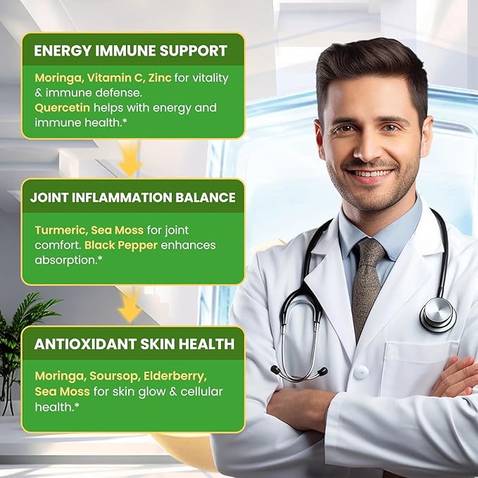 Moringa Leaf Extract Liquid Drops - Liquid Moringa Supplement 1000 mg with Turmeric, Quercetin, Elderberry, Sea Moss, Vitamin C & Zinc, for Energy Immune Antioxidant Digestive Support, 2 Fl Oz