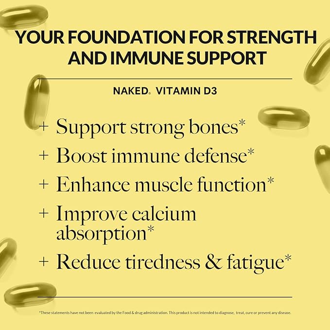 NAKED Vitamin D3 5000 IU – High Potency Vitamin D Supplement for Immune Support, Bone Strength, Muscle Function – 200 Vitamin D Softgels