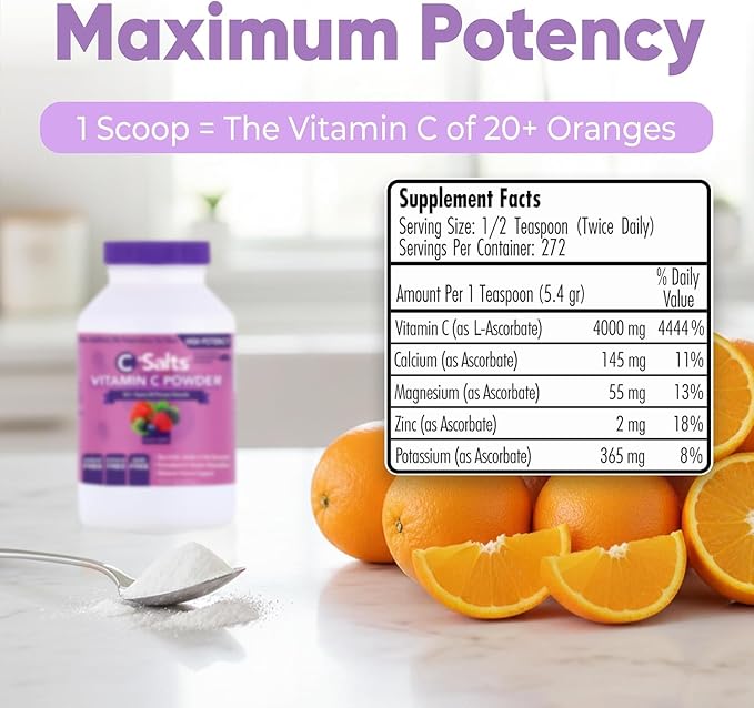 C-Salts Vitamin C Powder - 100% Pure Buffered Ascorbic Acid Powder for Daily Immune Support & Collagen Production - Stomach-Friendly Organic Vegan Non-GMO Sugar-Free - 272 servings - Mixed Berry, 26oz