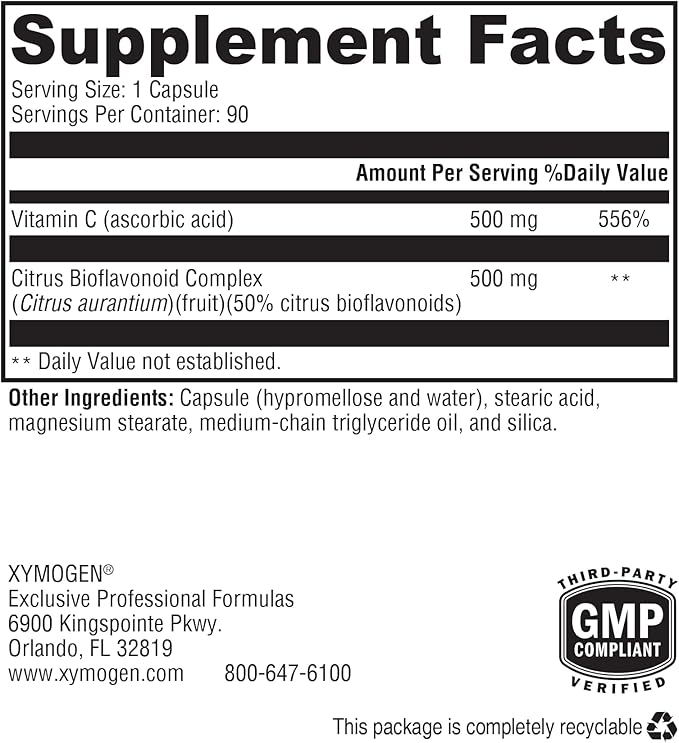 XYMOGEN Bio C 1:1 - Vitamin C Supplement with Citrus Bioflavonoids for Immune System Support - 500 mg Ascorbic Acid - Gluten-Free & Non-GMO - 90 Capsules