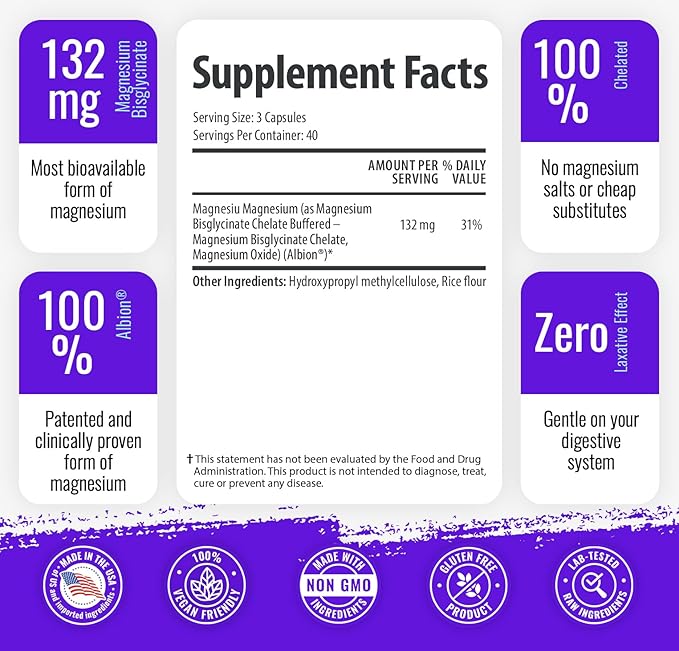 1 Body Magnesium Bisglycinate Capsules - Chelated Magnesium Supplement for Sleep Support, Muscle Cramps & Relaxation - High Absorption Formula Gentle on Stomach - 120 Count