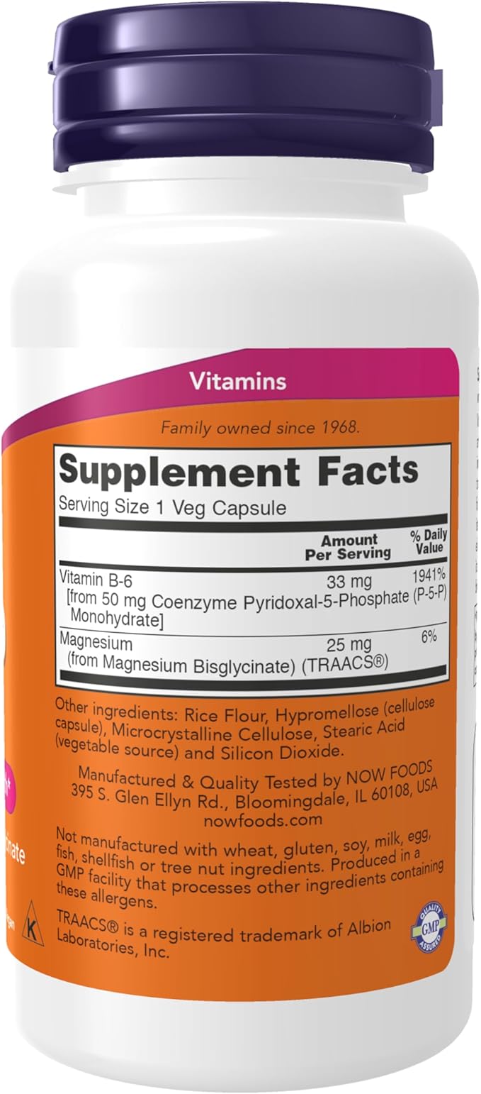 NOW Foods Supplements, P-5-P 50 mg with Coenzyme B-6 + Mg Bisglycinate, 90 Veg Capsules, (Pack of 2)