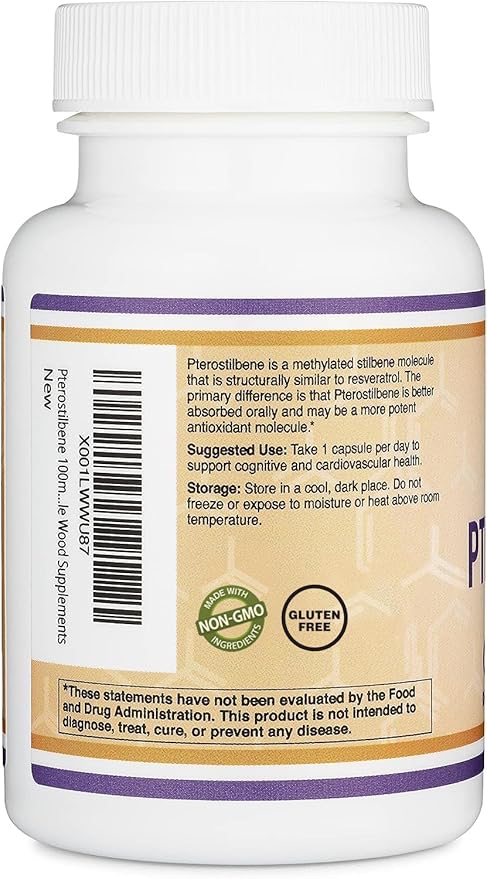 Pterostilbene Supplement 100mg Capsules (Third Party Tested) 60 Capsules, Superior to Resveratrol, Antioxidant for Longevity Support (Non-GMO, Gluten Free) by Double Wood
