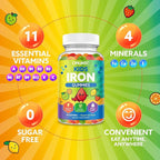 Iron Gummies for Kids & Teens, Kids Multivitamin with Iron Supplement, Calcium, Folate, Zinc, Prebiotic - for Blood Builder & Energy Support, Iron Deficiency - Vegan & Non-GMO - Mixed Fruits Flavor