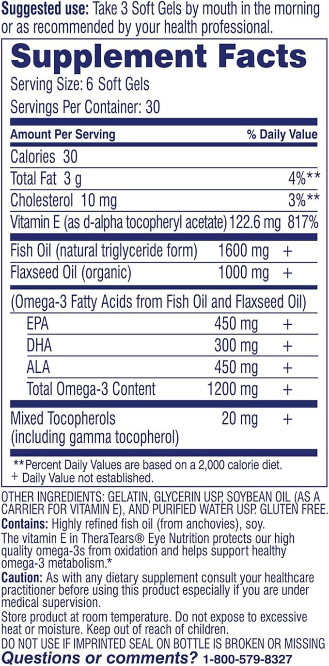 TheraTears Omega 3 Supplement for Eye Care,1200mg Fish Oil and Organic Flaxseed Oil with Vitamin E,180 Count (Pack of 2)