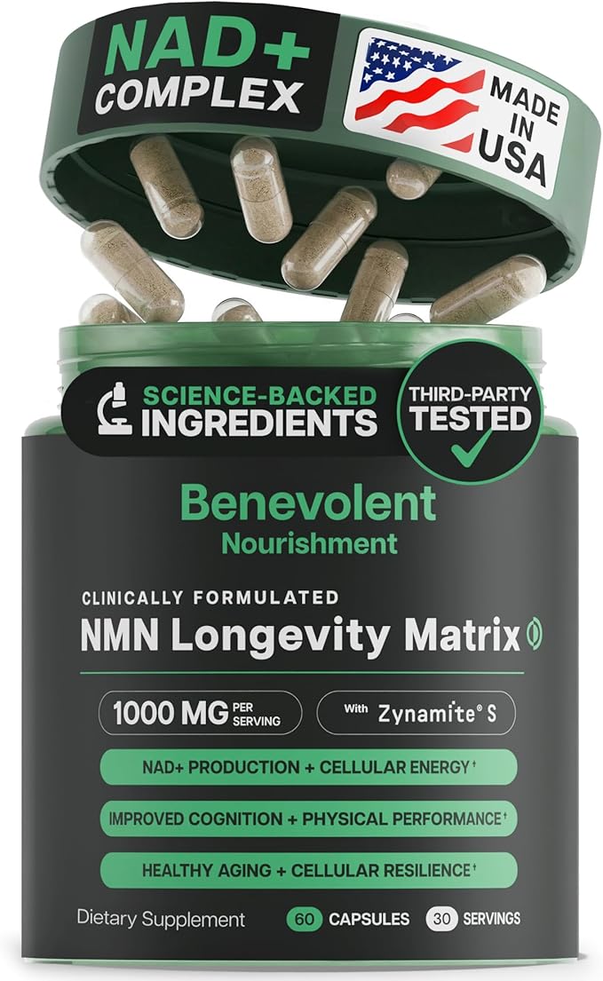 Benevolent Advanced NMN Supplement 1000mg (98% Purity) – 5-in-1 NMN Longevity Matrix with Zynamite® & PQQ for Increased NAD+ Levels, Cellular Energy, Cognitive & Healthy Aging – 60 Vegan Capsules