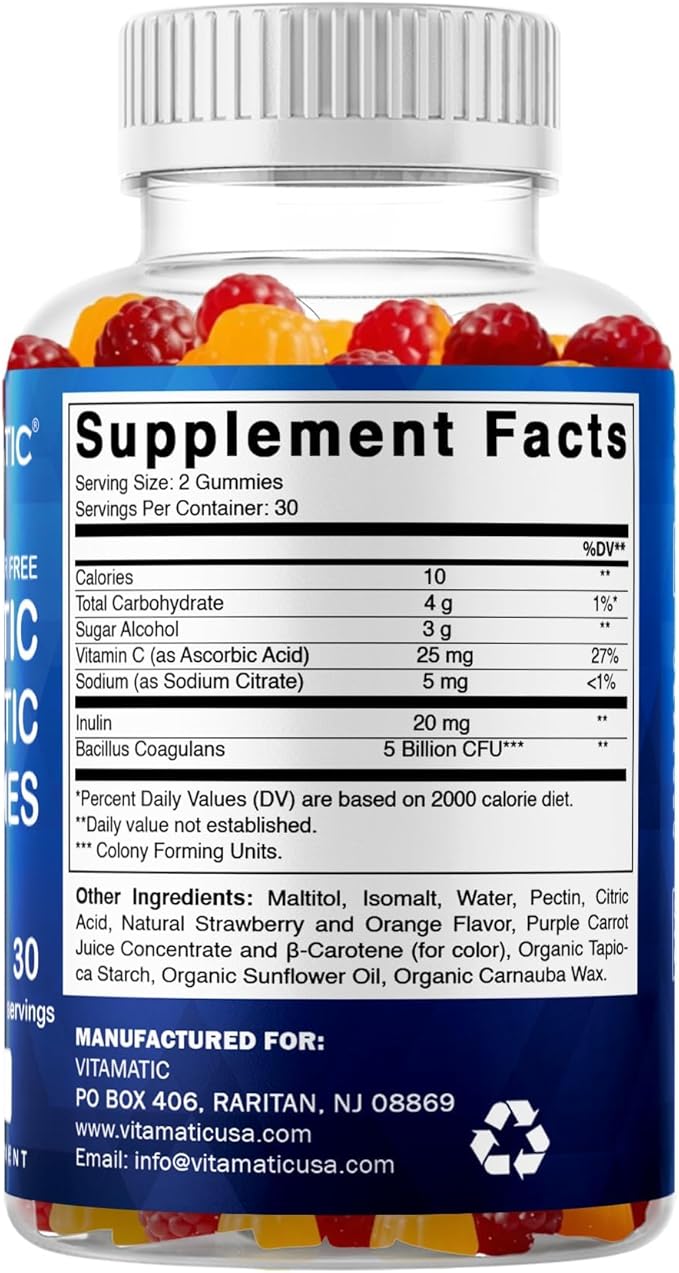 Vitamatic Probiotic Sugar Free Gummies for Men and Women – 5 Billion CFUs Digestive, Immune & Gut Health Support – Gluten Free