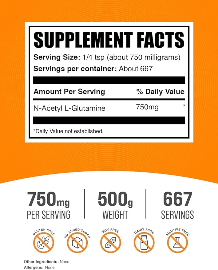 BulkSupplements.com N-Acetyl L-Glutamine Powder - Glutamine Supplement, L Glutamine Powder - Gut Health & Recovery, Glutamine 750mg - Gluten Free, 750mg per Serving, 500g (1.1 lbs)