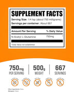 BulkSupplements.com N-Acetyl L-Glutamine Powder - Glutamine Supplement, L Glutamine Powder - Gut Health & Recovery, Glutamine 750mg - Gluten Free, 750mg per Serving, 500g (1.1 lbs)