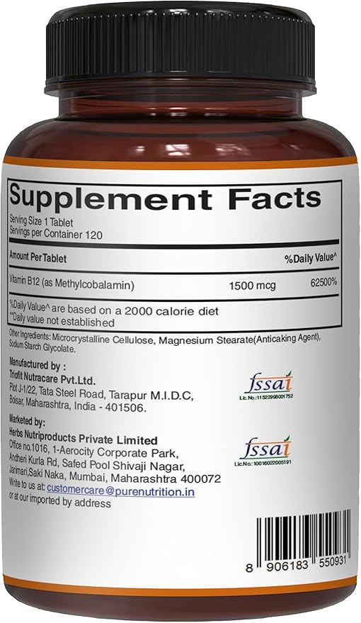Pure Nutrition Natural Vitamin B12 1500mcg (Methylcobalamin) | 120 Veg Tabs | Vitamin B12 Supplement Helps Support Metabolism, Blood Cells, and Nerves Function* | Non GMO