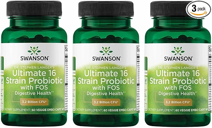 Swanson Dr. Stephen Langer's 16-Strain Probiotic with Prebiotic FOS for Gut-Health-Conscious Adults with 3.2 Billion CFU (60 Vegan Capsules, 3 Pack)