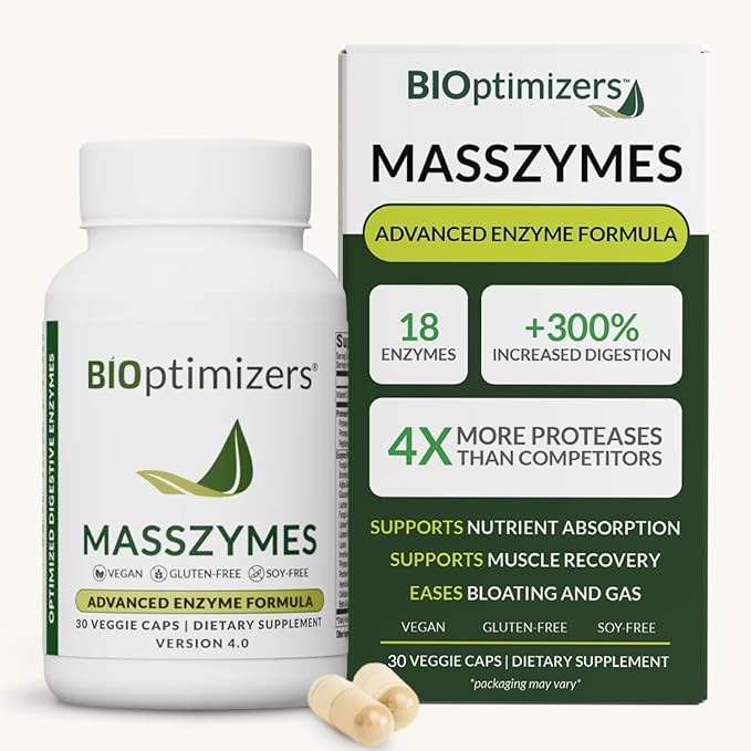 BIOptimizers MassZymes - Complete Digestive Enzymes Supplement for Gut Health - Bloating Relief for Men and Women - Lipase Amylase Bromelain Digestive Enzymes (30 Capsules)