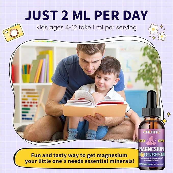 Kids Magnesium Liquid Drops-Magnesium Glycinate Liquid for Kids Supplement-w/L-theanine, Omega-3, Vitamin B6, D3 - for Sleep, Relaxation, Brain, Bones - Mango Flavor, 2 Fl Oz