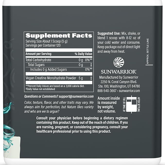 Sunwarrior Creatine Monohydrate Powder Micronized PreWorkout Recovery Supplement | Support Muscle Building Strength Training Cognition | Vegan & Keto Friendly Bulk Size (120 Servings) Unflavored