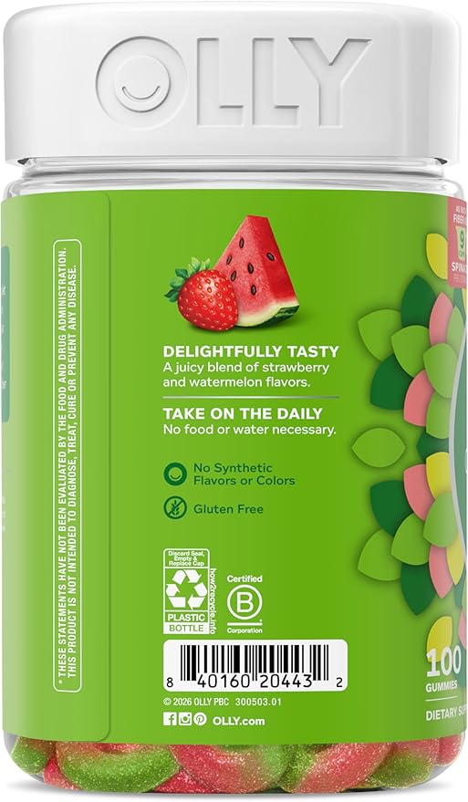 OLLY Fiber Gummy Rings, 5g FOS Prebiotic Fiber, Digestive Health Supplement,* Strawberry Watermelon Flavored, 50 Day Supply - 100 Count