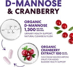D-Mannose Supplement - 1,300mg Organic D Mannose Per Serving with Organic Cranberry Extract - Fast-Acting, Natural Urinary & Bladder Support for Women & Men – Flush & Cleanse Impurities – 60 Capsules