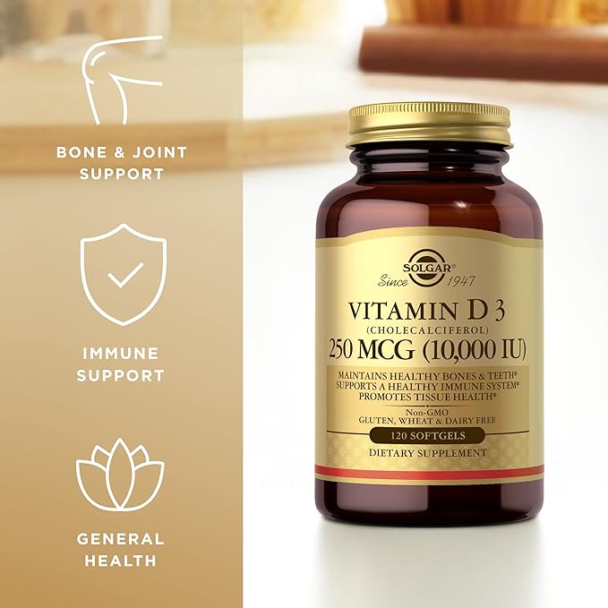 Solgar - Vitamin D3 (Cholecalciferol) 10,000 IU Softgels, 120 Count (3 Pack) - Supports Bone, Muscle and Immune System