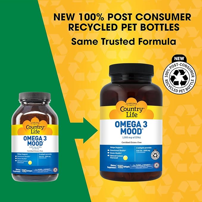 Country Life Omega 3 Fish Oil Supplement - High Concentration EPA and DHA Omega 3 Fatty Acids - 2000mg Fish Oil for Emotional Health, Mood Support, and No Fish Taste - Natural Lemon Flavor