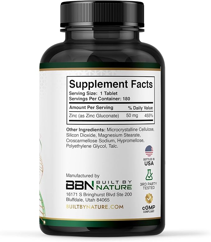 Built By Nature Zinc 50 mg – Zinc Gluconate for Highly-Absorbable Immune & Antioxidant Support – Promotes Skin, Eye & Immune Health – Non-GMO, Gluten-Free – 180 Tablets