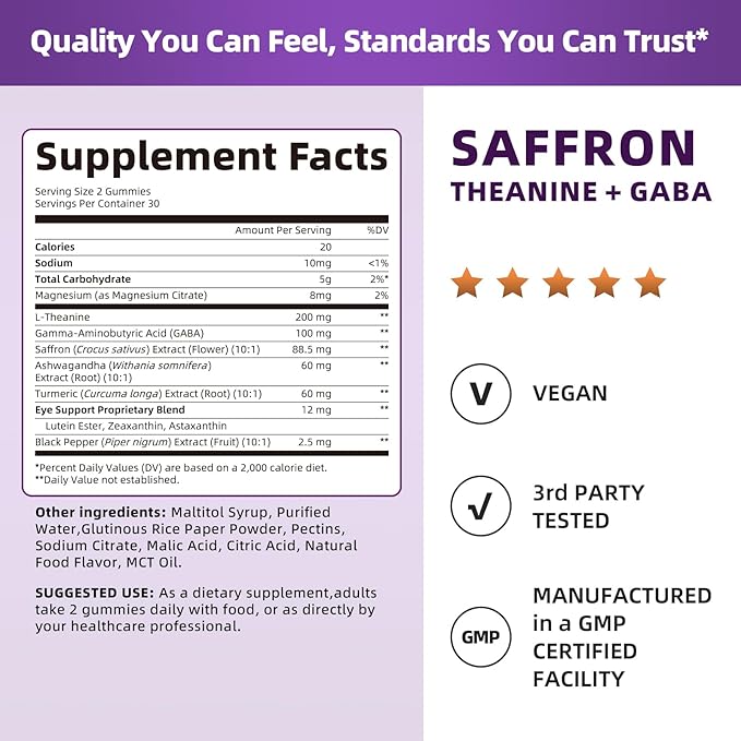 Lukaree 10-in-1 Saffron Gummies Supplements for Mood, Focus & Eye Support with L-Theanine 200mg, GABA, Ashwagandha, Lutein, Zeaxanthin & Astaxanthin, Sugar Free, Vegan, Berry Flavor, 60 Count