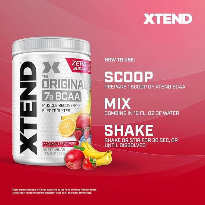 Xtend Original BCAA Powder, 7g BCAAs and 2.5g L-Glutamine for Muscle Recovery Hydration and Lean Muscle, Sugar Free Intra and Post Workout Drink with Electrolytes, Knockout Fruit Punch, 30 Servings