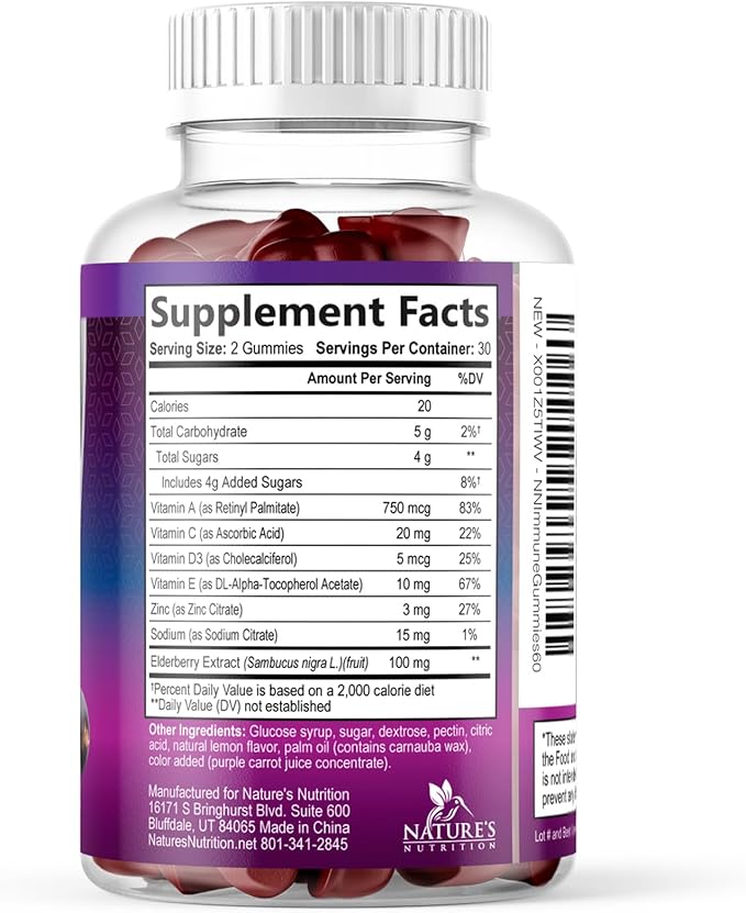 Elderberry Immune Support Gummies - 3X Strength Sambucus Elderberry Gummy with Vitamin C, D3 & Zinc - Nature’s Black Elderberry Extract - Immune Support Supplement for Adults & Kids - 60 Gummies