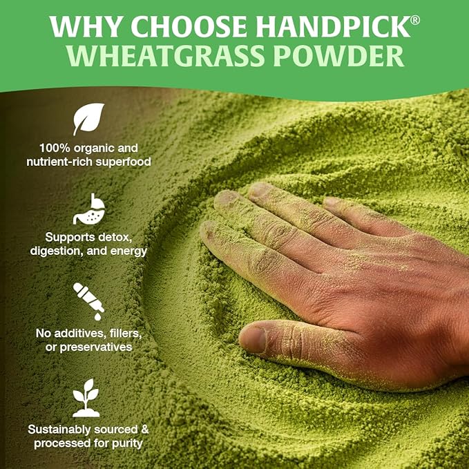 HANDPICK USDA Organic Wheatgrass Powder (10oz) Rich Green Powder - Lab Tested | 100% Whole Leaf | Gluten Free, Non-GMO | No Sugar, No Artificial Ingredients | Resealable Ziplock Pouch