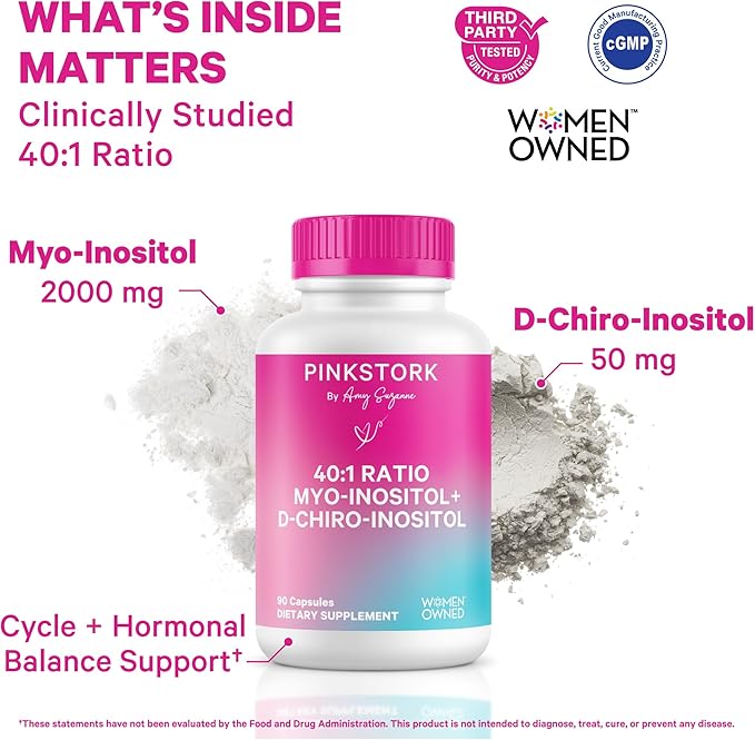 Pink Stork Myo-Inositol & D-Chiro Inositol Supplement - Hormonal Balance for Women - Ovarian Support - 40:1 Ratio - Fertility Supplements for Women - 180 Capsules, 2 Month Supply
