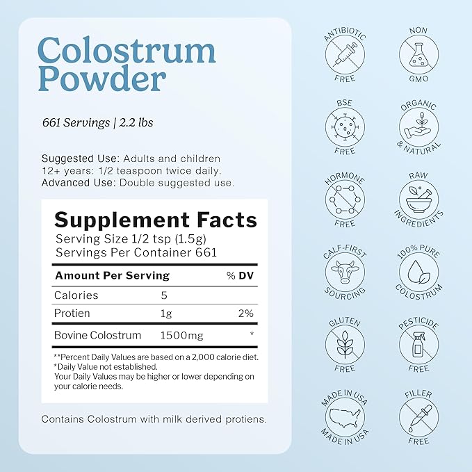 100% Pure Bovine Colostrum Powder (Grass-Fed) | High IgG for Immune Support & Gut Health | Anti-Aging | Colostrum Supplement for Adults & Kids | 2.2lb | 661 Servings